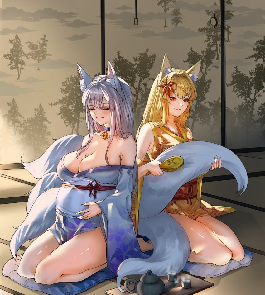 2girls bare_shoulders bell_collar big_breasts blonde_hair brushing_tail cleavage closed_eyes collar corruption_of_champions_ii detailed_background female female_only fox_ears fox_girl fox_tail full_body furisode hair_ornament hand_on_belly hand_on_stomach indoors japanese_clothes kemonomimi kimono kitsune kneeling long_hair multiple_girls multiple_tails no_bra nyahpa20 obi off_shoulder original pregnant red_eyes room seiza short_kimono shouji silver_hair sitting smile tatami wholesome wide_sleeves