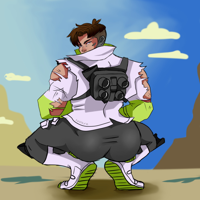 1boy 2021 apex_legends ass ass_focus big_ass big_butt broly_culo brown_hair butt butt_focus crouching crypto_(apex_legends) highres human looking_back lunoyr male male_only meme parody solo spread_legs spreading