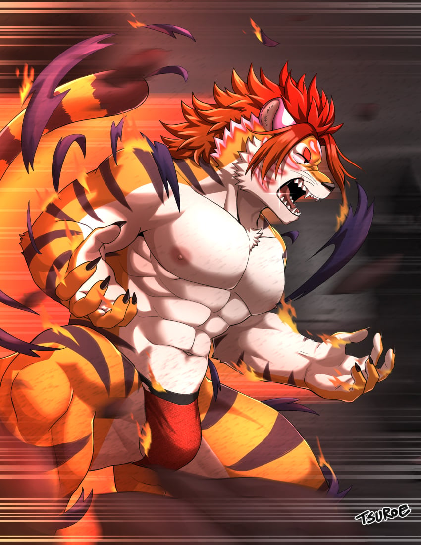 abs absurd_res anthro balls balls_slip bulge burning_clothing chuurow clothing felid fire fur genitals hair hi_res lifewonders male mammal muscular muscular_anthro muscular_male nipples nomad_(tokyo_afterschool_summoners) pantherine pecs red_hair solo striped_body striped_fur stripes tiger tokyo_afterschool_summoners underwear