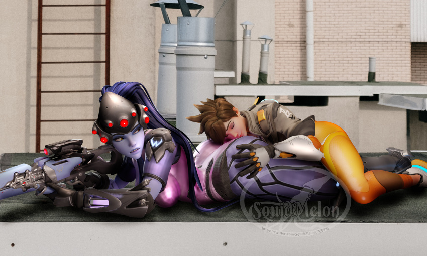 2girls 3d amelie_lacroix annoyed annoyed_expression ass ass_worship blizzard_entertainment blue_skin bubble_butt content_smile dat_ass dumptruck_ass face_in_ass head_on_ass heels jacket lena_oxton nuzzling overwatch overwatch_2 prone rooftop shiny_clothes squidmelon tight_clothing tracer widowmaker yuri