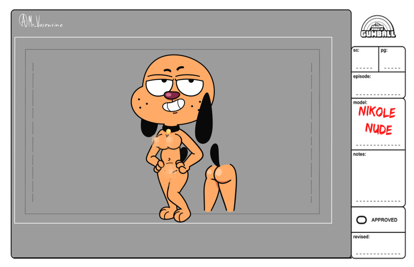 absurd_res ass beagle black_ears black_tail canid canine canis cartoon_network censored collar domestic_dog english_text fan_character female fur hands_on_hips hi_res hunting_dog mammal model_sheet mr_valentine00 narrowed_eyes nikole_wheelson_(mr_valentine00) nude orange_body orange_fur paper_sheet pixelated rear_view smile solo text the_amazing_world_of_gumball