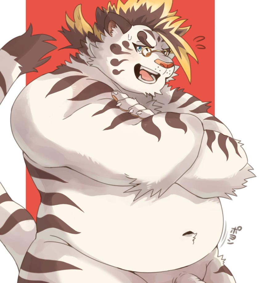 2023 anthro belly big_belly eyewear felid genitals glasses hi_res kemono licho_(tas) lifewonders male mammal navel overweight overweight_male pantherine penis qdng0atngbaqmce solo tiger tokyo_afterschool_summoners white_body