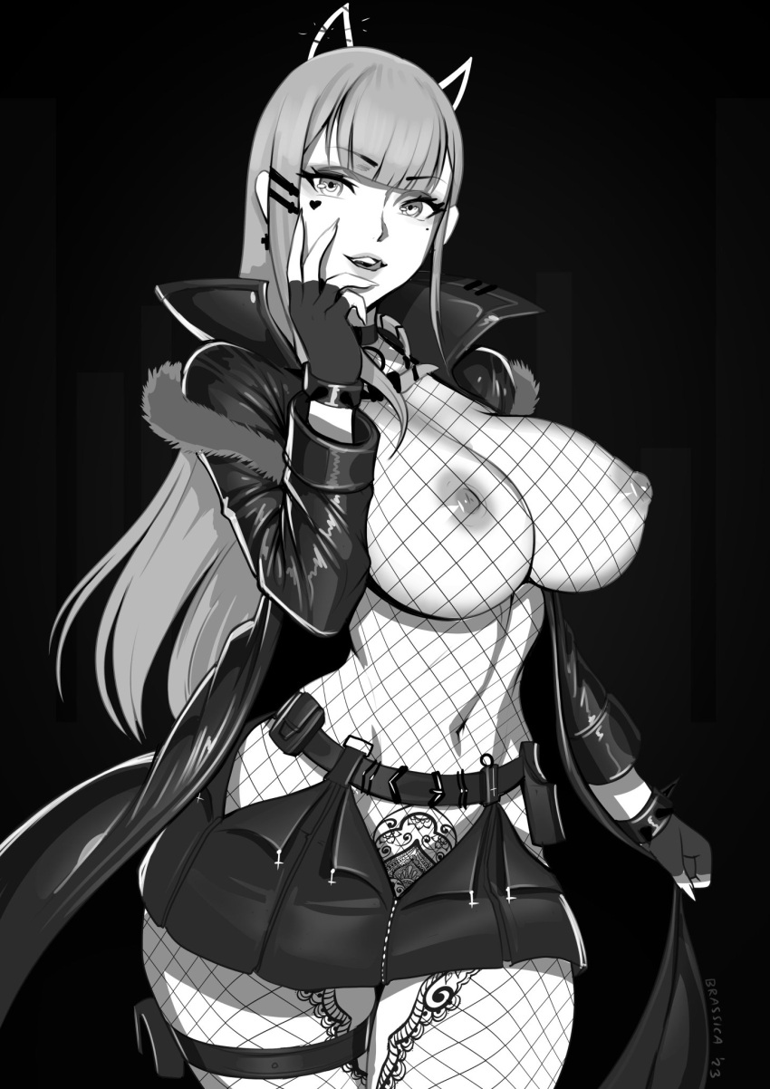 1girls akuma_nihmune animal_ears areolae bangs belt big_breasts black_and_white brassica cat_ears collar commission commissioner_upload exposed_breasts female female_only fingerless_gloves fishnet_legwear fishnet_shirt fishnets indie_virtual_youtuber large_breasts looking_at_viewer miniskirt mole mole_under_eye monochrome nipples nipples_visible_through_clothing queen_of_spades solo solo_female spade_tattoo tattoo tongue_out twitch.tv virtual_youtuber