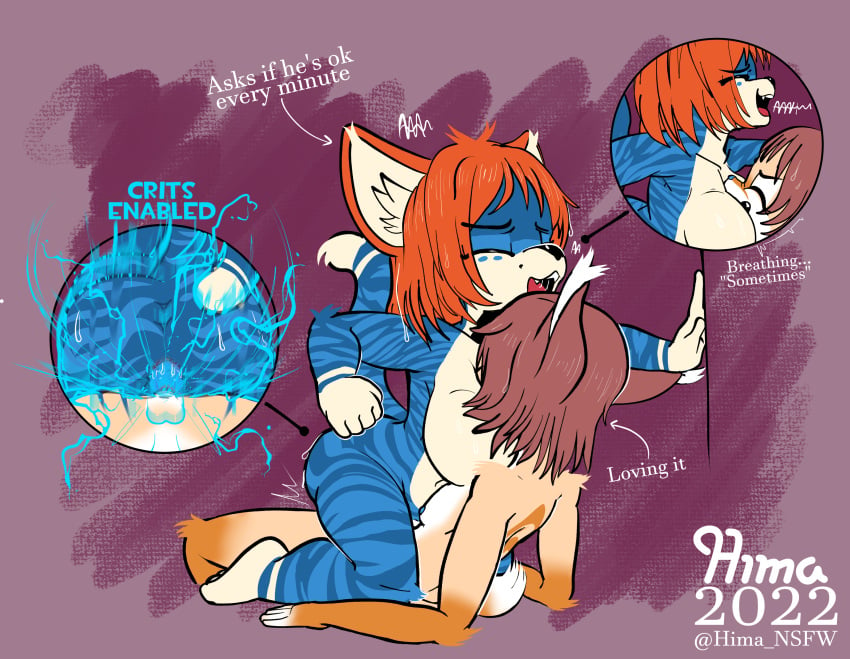 absurd_res ande_(hima_nsfw) anthro asphyxiation blue_body blue_fur bodily_fluids brown_hair canid canine cowgirl_position duo electricity english_text felid feline female fox from_front_position fur hair hi_res hima_nsfw hybrid lynx maha_(hima_nsfw) male male/female mammal moan on_bottom on_top orange_body orange_fur orange_hair pantherine sex short_stack size_difference sweat tan_body tan_fur text thrusting tiger white_body white_fur