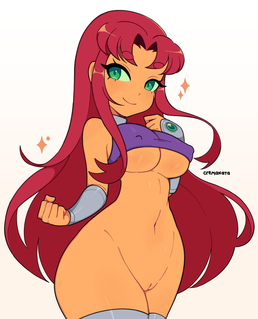 1girls big_breasts bottomless cremanata dc dc_comics female female_only green_eyes green_eyes_female hairless_pussy large_breasts long_hair long_hair_female navel orange_skin pussy red_hair smile solo starfire teen_titans underboob very_long_hair white_background