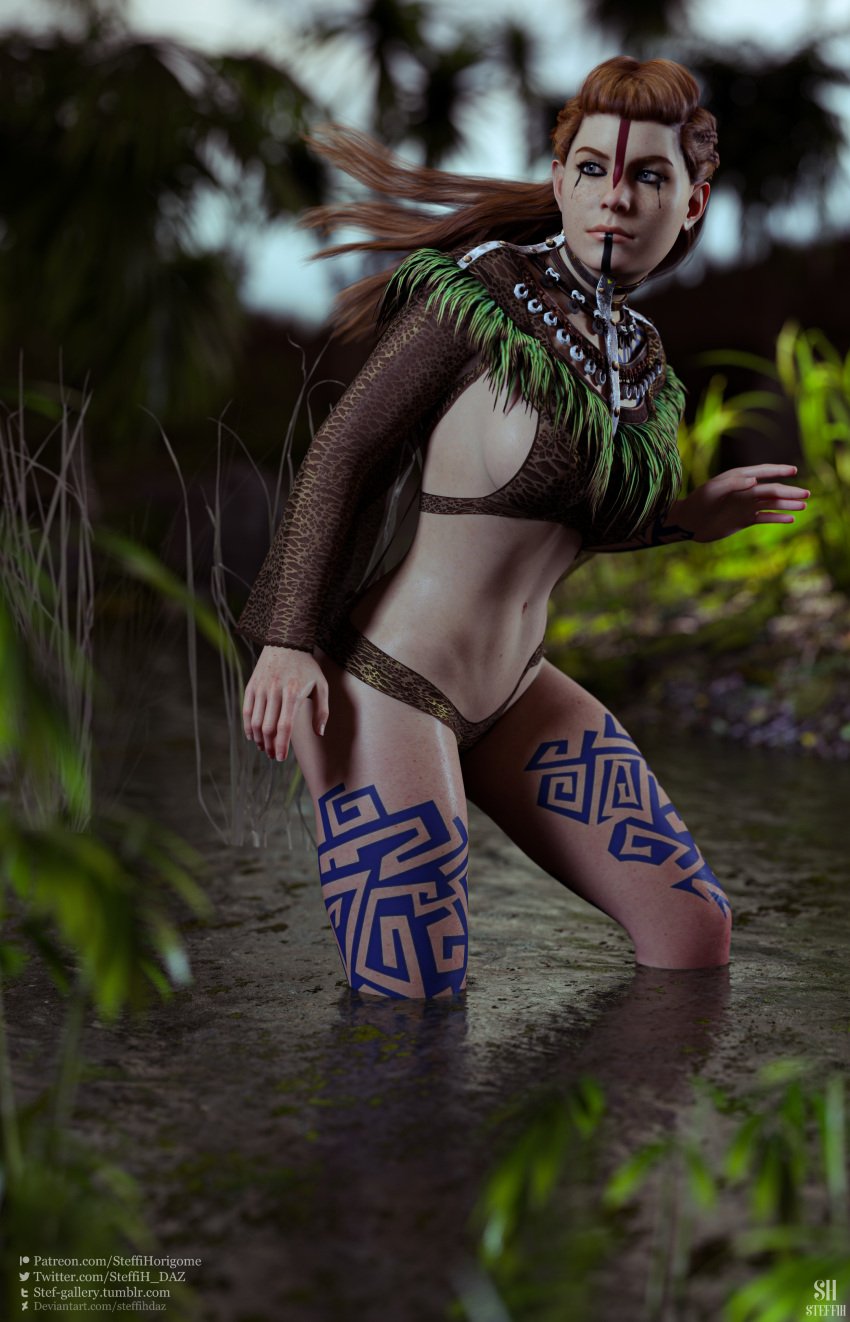 1girls 3d 3d_(artwork) abs absurd_res absurdres aloy bare_legs bare_midriff bare_thighs bikini bikini_bottom bikini_top blue_hair bodypaint braided_hair facepaint female female_focus female_only freckles hi_res highres horizon_forbidden_west horizon_zero_dawn long_hair midriff outdoors playstation red_hair shiny_skin sideboob skimpy skimpy_clothes solo solo_female solo_focus sony_interactive_entertainment steffih_daz tied_hair toned toned_female toned_stomach water