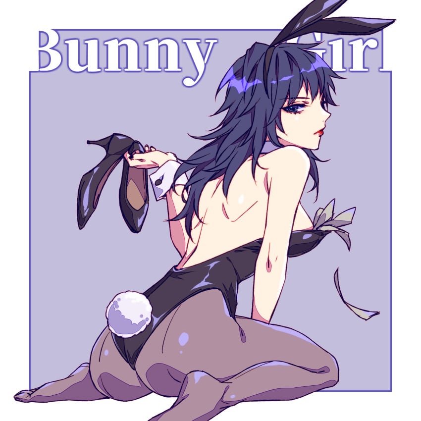 alternate_costume ass big_ass black_hair blue_eyes bunny_ears bunny_girl bunny_tail bunnysuit demon_slayer expressionless fake_animal_ears female female_only full_body genderswap_(mtf) hair_down high_heels kimetsu_no_yaiba koubeu15 lipstick long_hair looking_at_viewer looking_back money money_under_clothes pantyhose rear_view red_lipstick rule_63 shoes_removed sideboob sitting solo tomioka_giyuu wariza wrist_cuffs