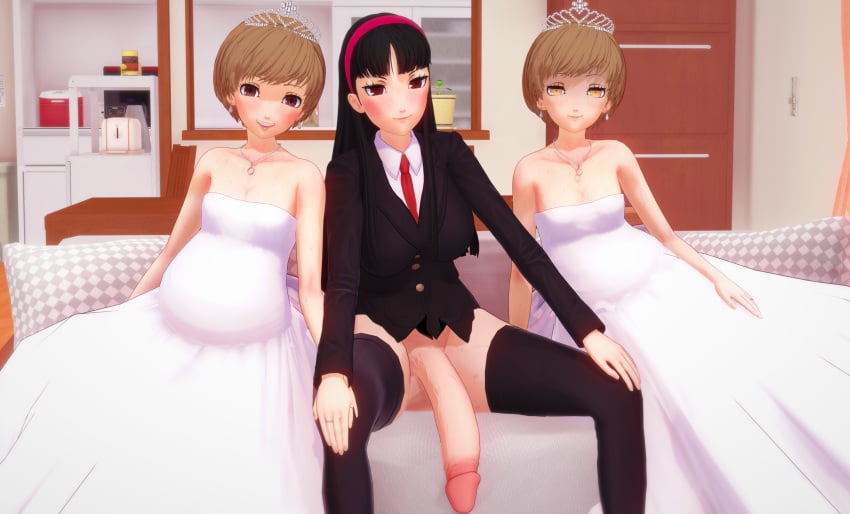 1futa 2girls 3d alternate_version_available amagi_yukiko balls black_hair bottomless brown_hair chiefan femsub futa_on_female futa_wife futa_with_female futadom futanari huge_breasts huge_cock koikatsu long_hair married_couple penis persona persona_4 pregnant satonaka_chie self_upload shadow_(persona) shadow_chie shadow_self_(persona) short_hair suit tomboy wedding_dress wedding_ring white_dress