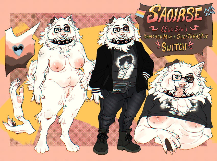 anthro aquarius_(symbol) areola asaltysquid blush blush_lines boots bottomwear breasts canid canine canis cheek_tuft chest_tuft chubby_anthro chubby_female clothed clothing collar curled_tail denim denim_clothing domestic_dog english_text eye_spot eyewear facial_piercing facial_tuft fanny_pack female footwear fur genitals glasses half-closed_eyes hi_res humanoid_genitalia humanoid_pussy jacket jeans lgbt_pride love_handles mammal model_sheet narrowed_eyes neck_tuft nipples nose_piercing nose_ring open_clothing open_jacket open_mouth open_smile open_topwear pansexual_pride_colors pants pawpads paws piercing pink_areola pink_nipples pink_pawpads pink_pussy potbelly pride_colors pussy ring_piercing saoirsemutt shirt slightly_chubby smile solo studded_collar t-shirt text tongue tongue_out topwear tuft white_body white_fur wide_eyed