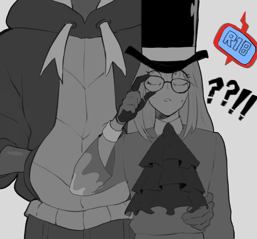 !? 2020 2020s 2boys adjusting_eyewear ascot avery_(pokemon) black_hair constricted_pupils creatures_(company) dark-skinned_male dark_skin english_commentary game_freak glasses greyscale gym_leader hat head_out_of_frame height_difference highres imminent_sex long_hair male_focus male_only monochrome multiple_boys nintendo pokemon pokemon_(game) pokemon_ss raihan_(pokemon) rotom rotom_phone spot_color standing thiccwithaq top_hat torso_grab trap yaoi