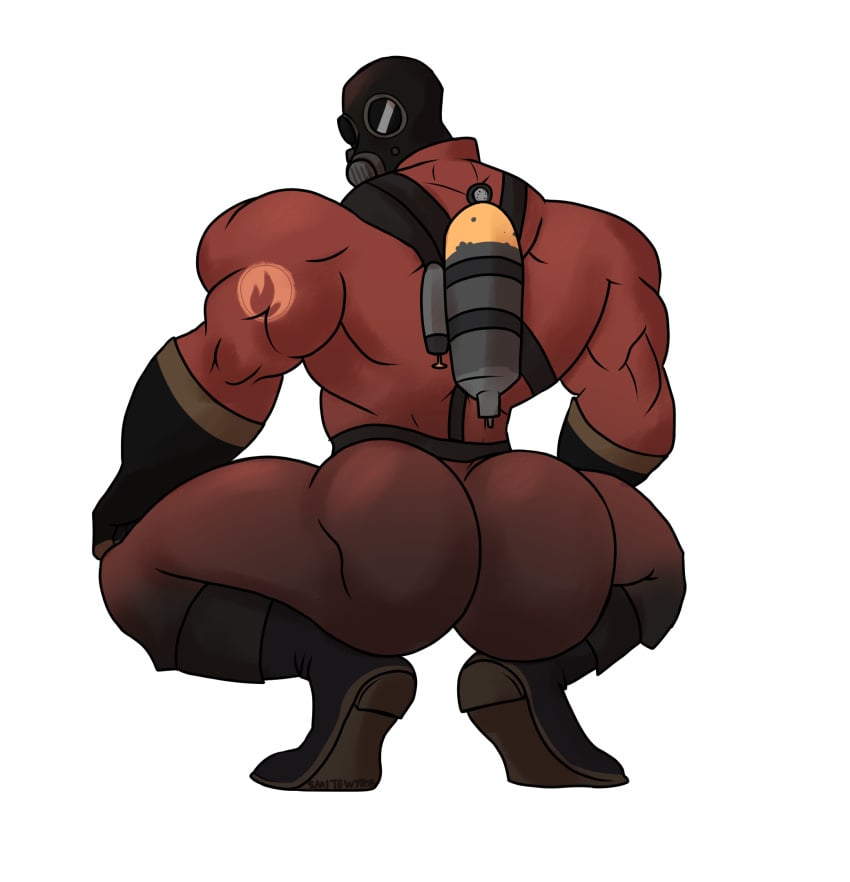 1boy 2021 ass ass_focus big_ass big_butt big_muscles broly_culo butt butt_focus crouching gas_mask highres looking_back male male_only mask masked masked_male meme muscular muscular_male parody pyro pyro_(team_fortress_2) simple_background smitewyrm solo spread_legs spreading team_fortress_2 valve white_background