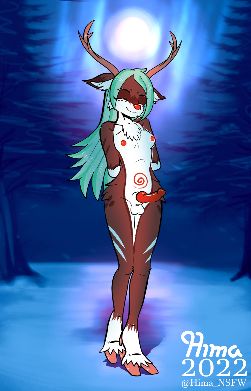 1futa 2022 absurd_res anthro antlers belly_tattoo breasts brown_body brown_fur capreoline deer forest fur futanari genitals green_hair gynomorph hair hands_behind_back hi_res hima_nsfw himalaya_(hima_nsfw) horn intersex mammal penis plant red_nose reindeer smile solo tattoo tree white_body white_fur