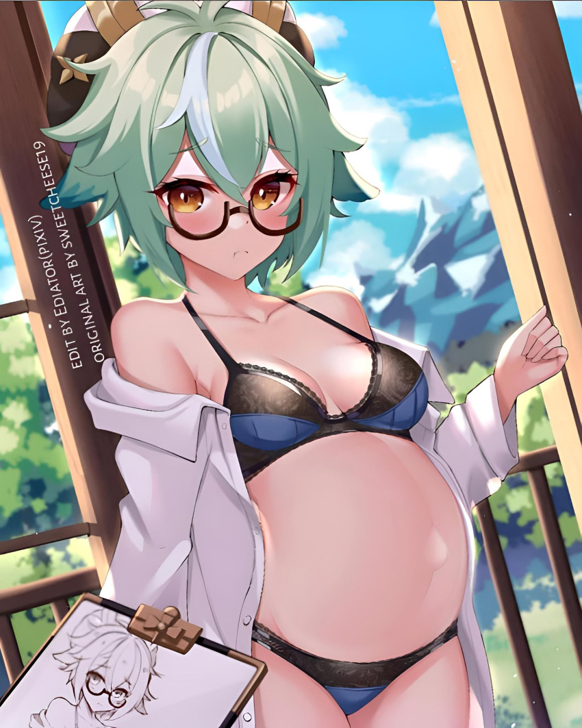 1girls big_belly bra cute ediatorpxv eyeglasses genshin_impact open_clothes panties pregnant sucrose_(genshin_impact)