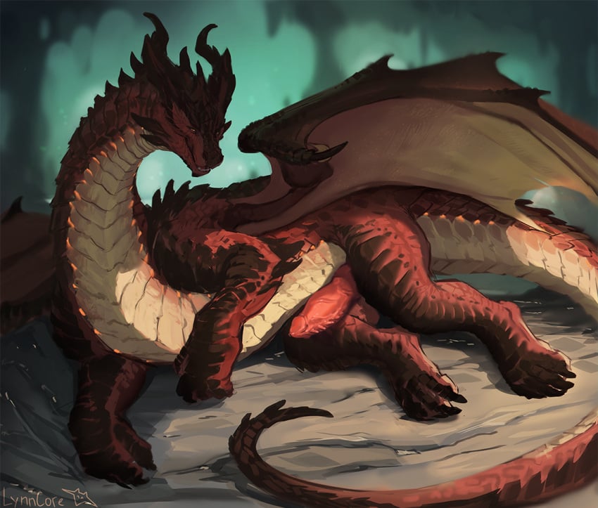 2d arm_spikes belly_scales cave claws dragon elbow_spikes erection feral genitals horn long_neck lying lynncore male membrane_(anatomy) membranous_wings on_side penis red_body red_scales scales scalie scalie_male scalie_only smile solo spikes spikes_(anatomy) western_dragon wings