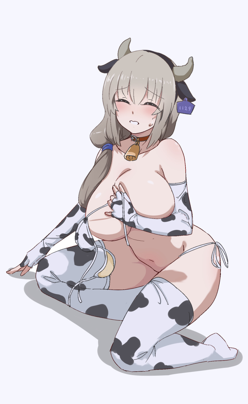 1girls animal_ears animal_print bangs bikini bikini_top_removed blush breasts cleavage closed_eyes collarbone cow_print ear_tag elbow_gloves female gloves grey_hair highres huge_breasts large_breasts long_hair mature_female milf navel simple_background sitting solo sweatdrop swimsuit tomoaki_(pixiv10339485) uzaki-chan_wa_asobitai! uzaki_tsuki white_background