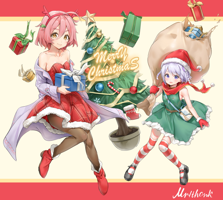 2girls bare_shoulders boots braided_hair christmas christmas_outfit christmas_present christmas_tree commission green_dress labcoat looking_at_viewer mittens mr1thonk open_mouth pantyhose pink_hair purple_eyes purse red_dress santa_hat scarf shoes short_hair signature sleeveless_dress smile star_ocean star_ocean_anamnesis strapless_dress striped_thighhighs thick_thighs tika_blunche verda_kleiman white_hair wholesome yellow_eyes