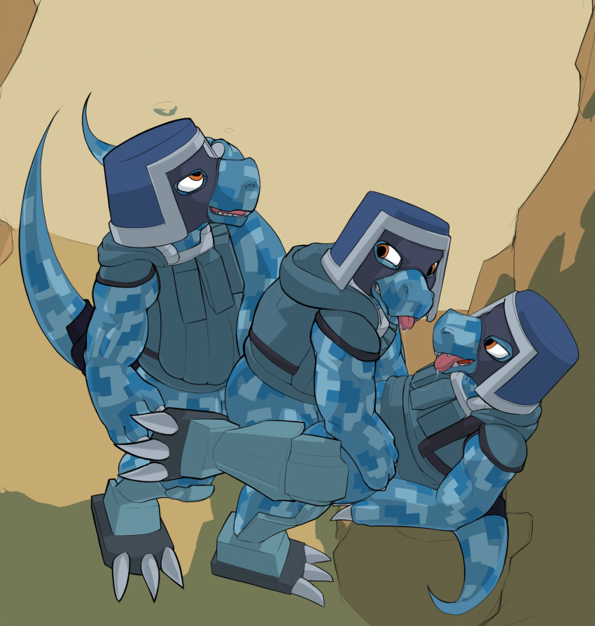 2023 anal animal_humanoid anthro armor army bandai_namco blue_body blue_scales blue_skin bodily_fluids bulletproof_vest camo camo_print claws clothing colored combat_gear combat_helmet combat_uniform commandramon desert digimon digimon_(species) digital_drawing_(artwork) digital_media_(artwork) digital_painting_(artwork) dinosaur drooling from_behind_position from_front_position furry group group_sex headgear helmet hi_res humanoid looking_at_another looking_at_partner looking_back looking_pleasured looking_up lying male male/male military military_clothing military_uniform missionary_position on_back reptile reptile_humanoid saliva saliva_on_tongue saliva_string scales scalie scalie_humanoid sex shaded simple_background simple_shading smile snout tail teeth threesome tongue tongue_out trio uniform vixxier yellow_eyes