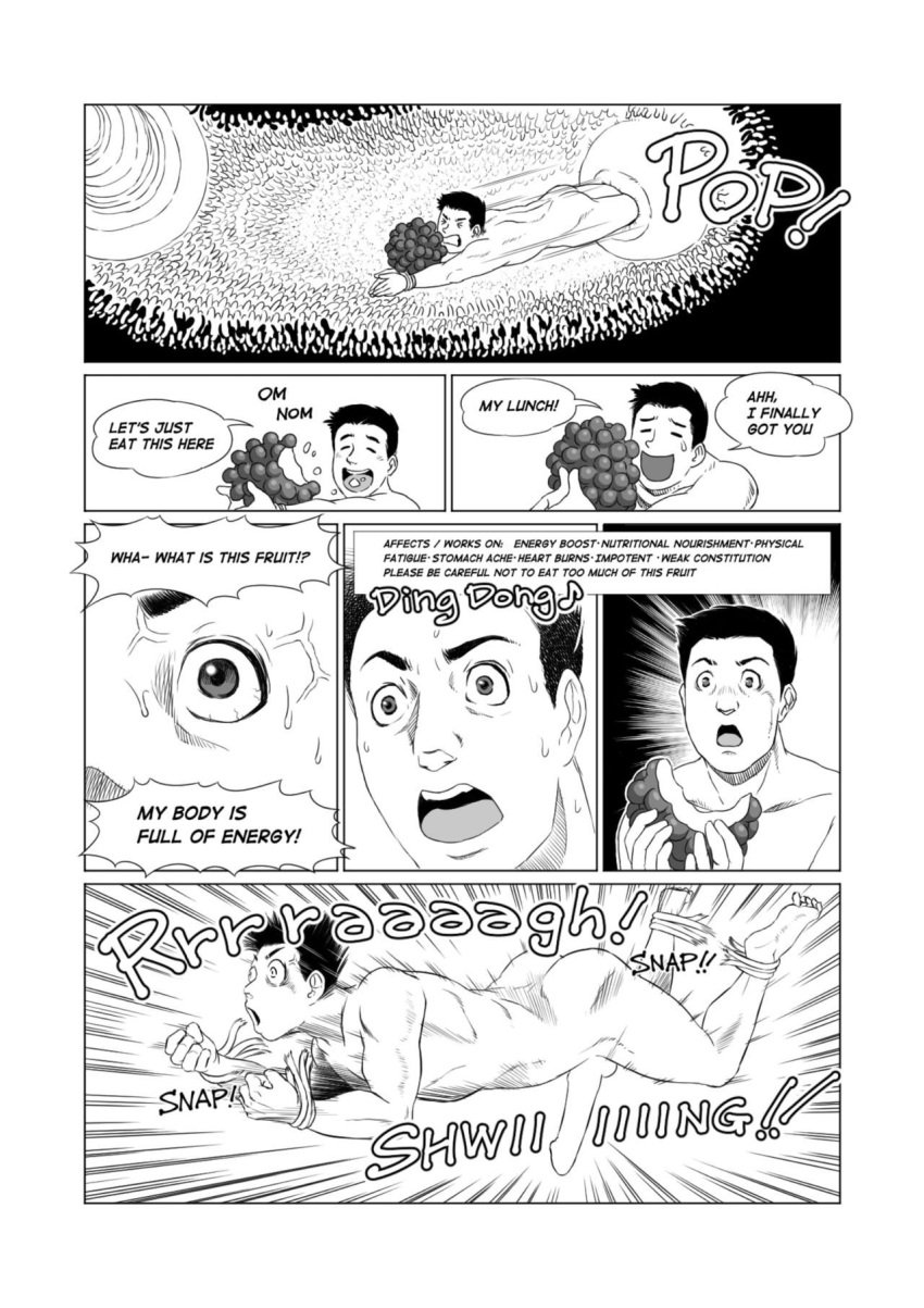 aoino_broome balls bondage censored censored_balls censored_penis cervical_penetration cervix comic doujinshi eating english english_commentary english_text erection fruit giantess inside inside_view internal_view list male_only penis uterus veins