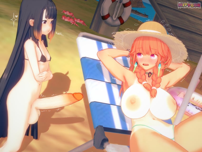 1futa 1girls 3d 3d_(artwork) arms_crossed black_hair blush bottomless breasts breasts_out female futanari hands_behind_head hololive hololive_english koikatsu mitygon nervous ninomae_ina'nis orange_hair smiling tagme takanashi_kiara text throbbing throbbing_penis topless virtual_youtuber