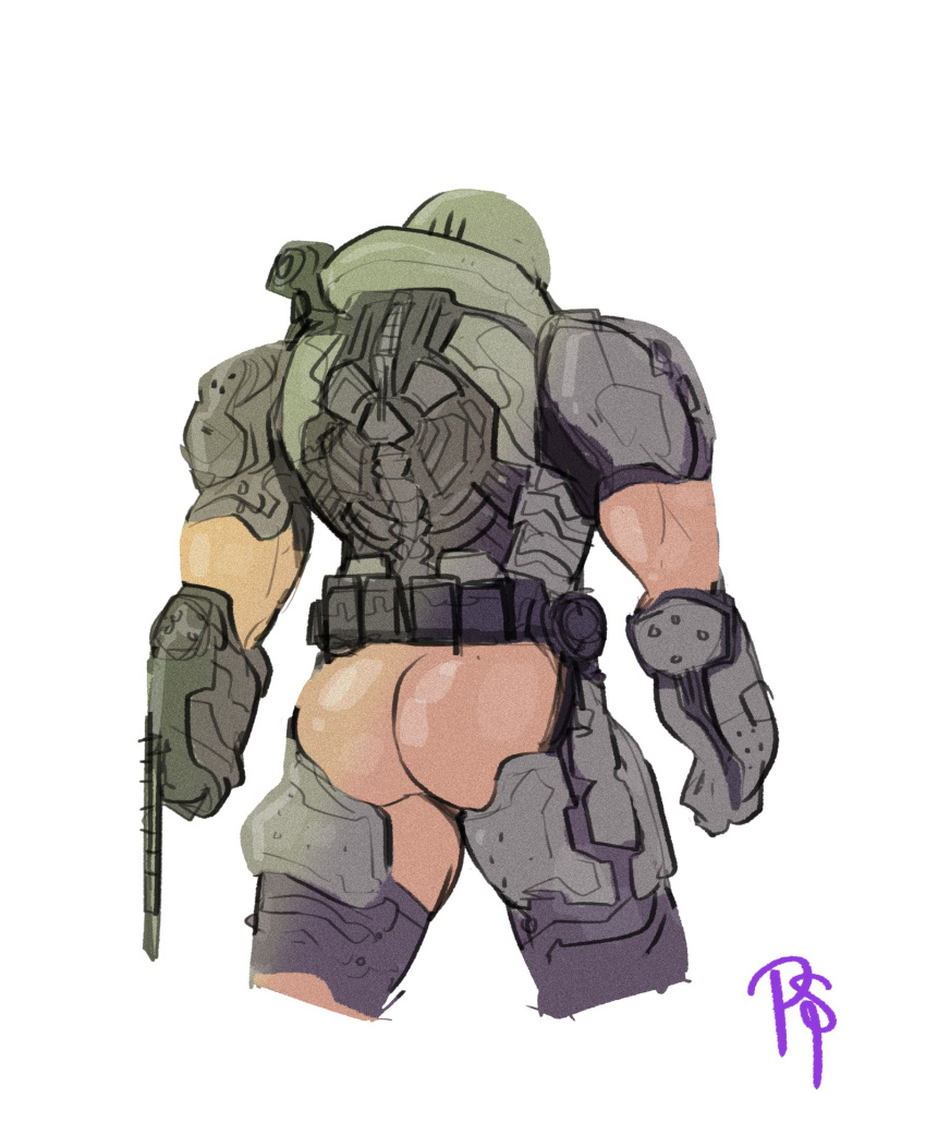 1boy 2020 2020s armor ass ass_focus big_muscles butt butt_focus doom doom_slayer_(doom) helmet highres human male male_only muscular muscular_human muscular_male purplesong simple_background solo standing white_background