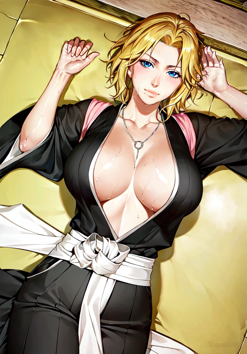 1girls ai_generated big_breasts bleach bleach:_the_thousand-year_blood_war blonde_hair blue_eyes blush breasts cleavage female female_only hourglass_figure huge_breasts kimono long_hair looking_at_viewer lying_down lying_on_back lying_on_bed matsumoto_rangiku mole mole_under_mouth nai_diffusion robe scarf shopnoarts solo solo_focus stable_diffusion sweat sweatdrop voluptuous voluptuous_female