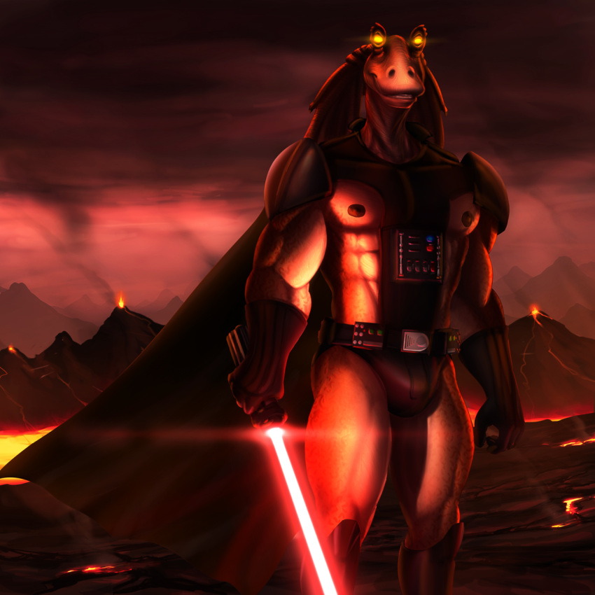 1:1 1boy 2020s 2021 abs alien alien_humanoid armor belt big_muscles big_nipples black_cape black_clouds boots broad_shoulders bulge cape clothing dark_nipples darth_jar_jar detailed_background dream_and_nightmare evil_grin fire footwear gloves glowing glowing_eyes glowing_weapon goes_hard grin gungan handwear high_contrast highres holding_lightsaber holding_object holding_weapon humanoid jar_jar_binks lava lightsaber looking_at_viewer male male_only melee_weapon muscular muscular_arms muscular_humanoid muscular_male muscular_thighs nipples not_furry pecs red_lightsaber red_sky shoulder_guards sith sith_lord sky smile smoke solo standing star_wars teeth thick_thighs underwear utility_belt volcano weapon yellow_eyes