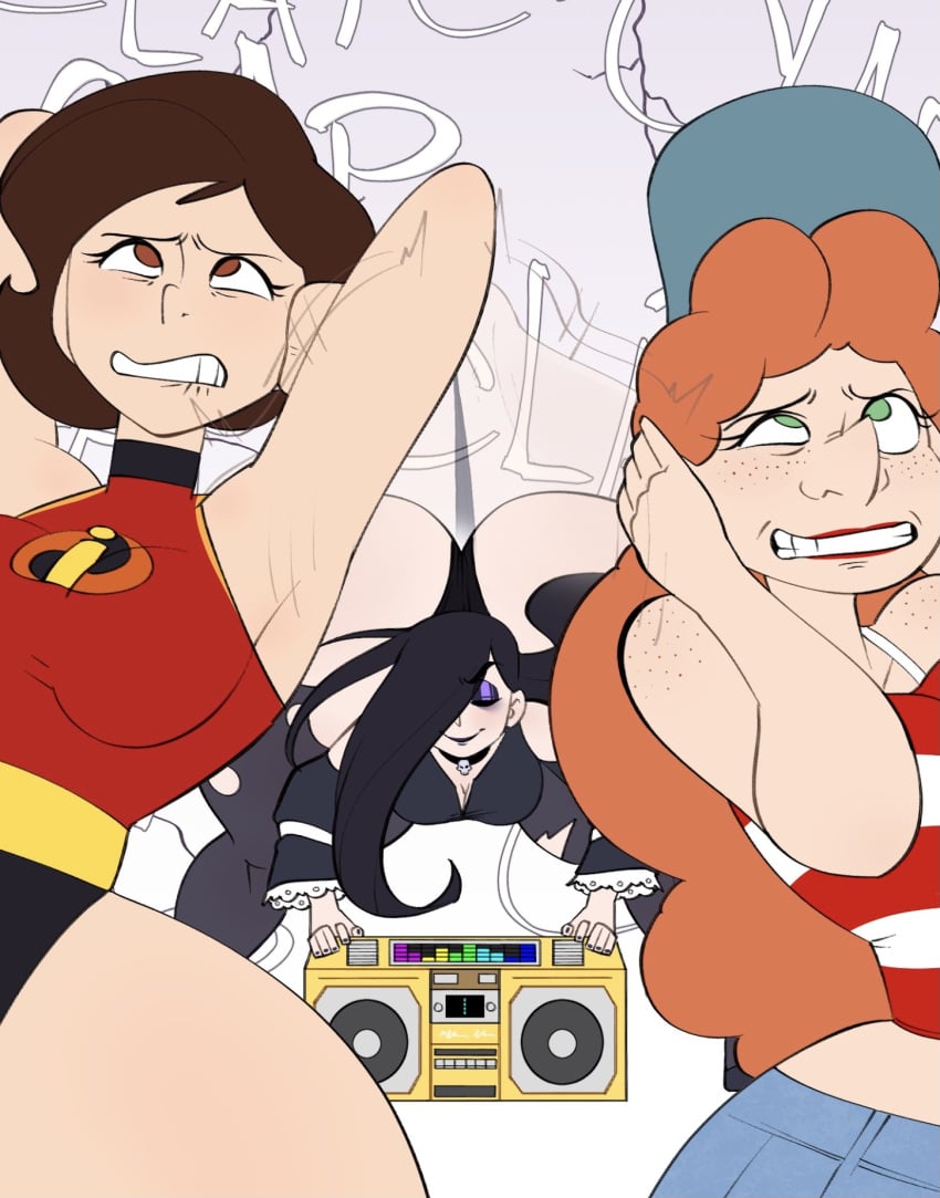 3girls armpits assquake disney earthquake elastigirl female female_only gold_boombox_(prevence) goth goth_girl gothic hair_covering_eye helen_parr holding_ears hyper_ass inner_workings kate_(inner_workings) multiple_girls nericurls pixar smooth_skin the_incredibles violet_parr