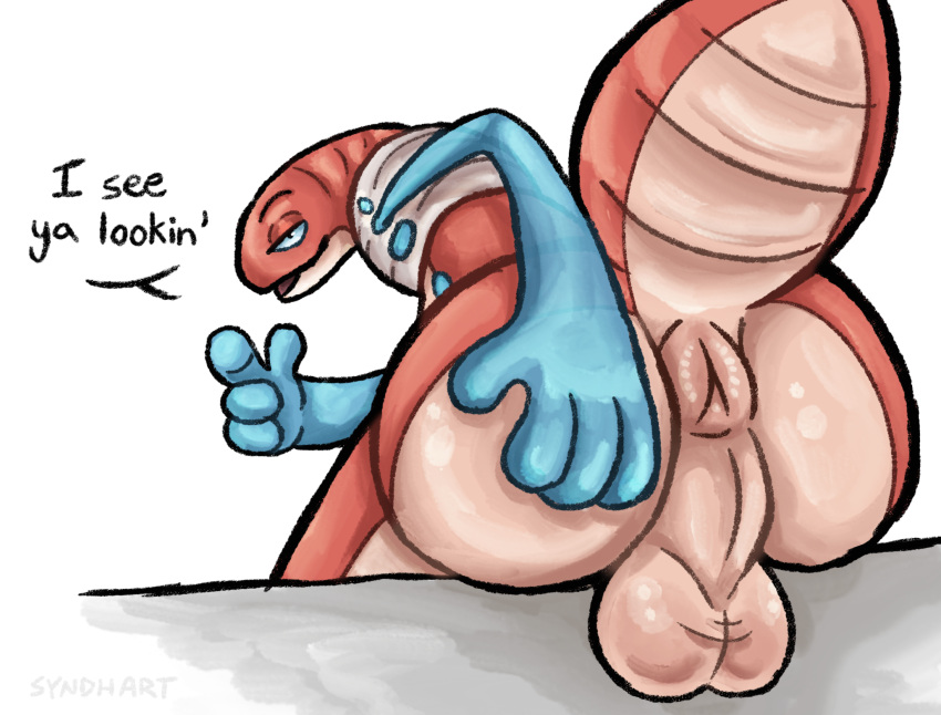 anthro anus ass balls dialogue generation_9_pokemon genitals gesture hi_res looking_at_viewer looking_back male mimizuzu nintendo orthworm pointing pokémon_(species) pokemon pokemon_(species) presenting presenting_hindquarters raised_tail solo syndhart tail worm