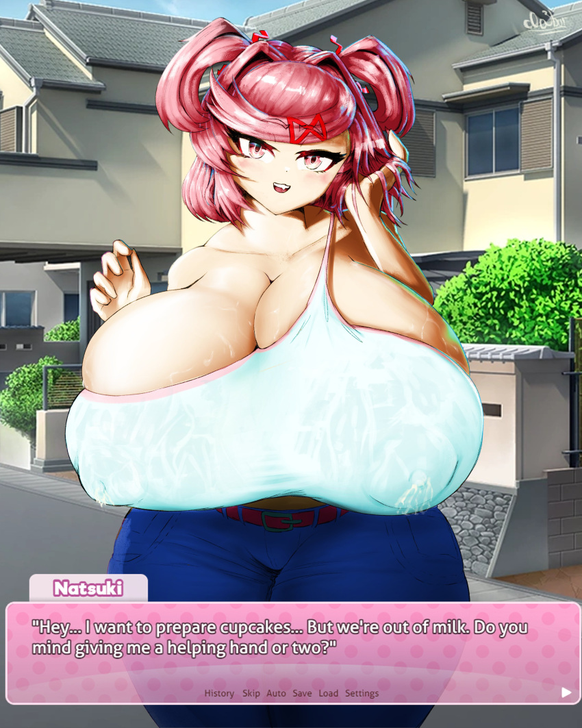 1girls alternate_breast_size arm_up asking big_breasts blush c0o3but ddlc_background ddlc_text_box doki_doki_literature_club female giant_breasts house houses huge_breasts jeans looking_at_viewer milk milk_on_body milking natsuki_(doki_doki_literature_club) nipples_visible_through_clothing open_mouth outside pants pink_eyes pink_hair seductive seductive_smile shirt solo text text_box white_shirt