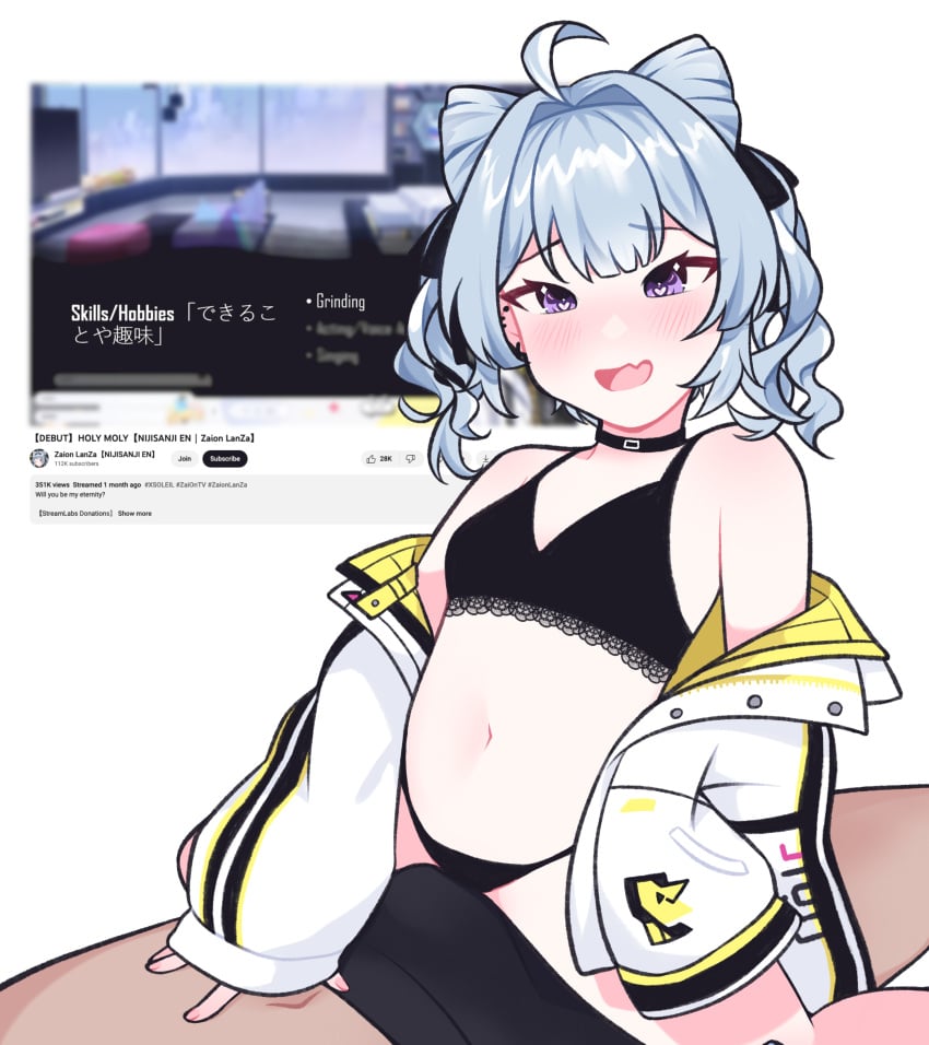 1boy 1girls ahoge bare_midriff bare_shoulders belly_button black_underwear blush blushing choker coat coat_open collar cone_hair_bun ear_piercing english_text exposed_midriff exposed_shoulders female_on_top flat_chest gray_hair grey_hair grinding grinding_through_clothes heart-shaped_pupils hi_res highres hyuni japanese_text light_blue_hair midriff navel nijisanji nijisanji_en open_coat purple_eyes short_shorts shorts small_breasts text tied_hair twin_buns underwear virtual_youtuber white_background youtube zaion_lanza