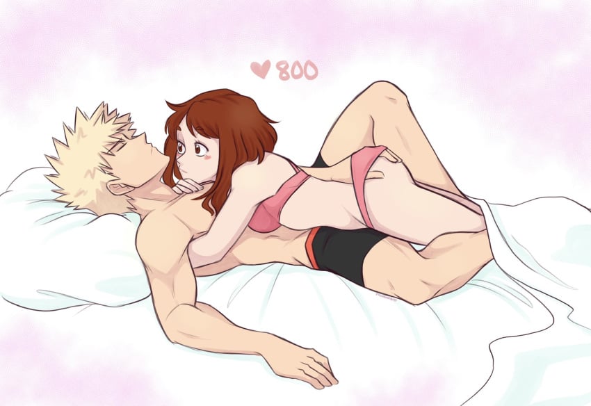 1boy 1boy1girl 1girls arms_around_partner artist_name artist_signature ass ass_grab ass_grope blonde_hair boxer_briefs boxers boxers_only embrace female grope groping groping_ass hand_in_panties hand_on_ass hand_under_clothes hand_under_panties hugging katsuki_bakugou lingerie looking_at_partner lying_on_bed lying_on_person male male/female male_and_female_focus meggadoodle muscular_male my_hero_academia ochako_uraraka on_person on_stomach on_top_of_another panties pink_lingerie pink_panties signature sleeping spiky_hair straight underwear wholesome