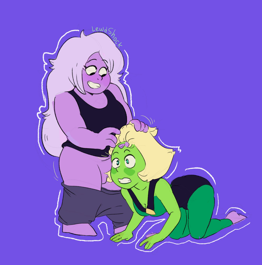 2girls amethyst_(steven_universe) female green_skin lewdshock multiple_girls peridot_(steven_universe) purple_skin steven_universe tagme white_hair yellow_hair yuri