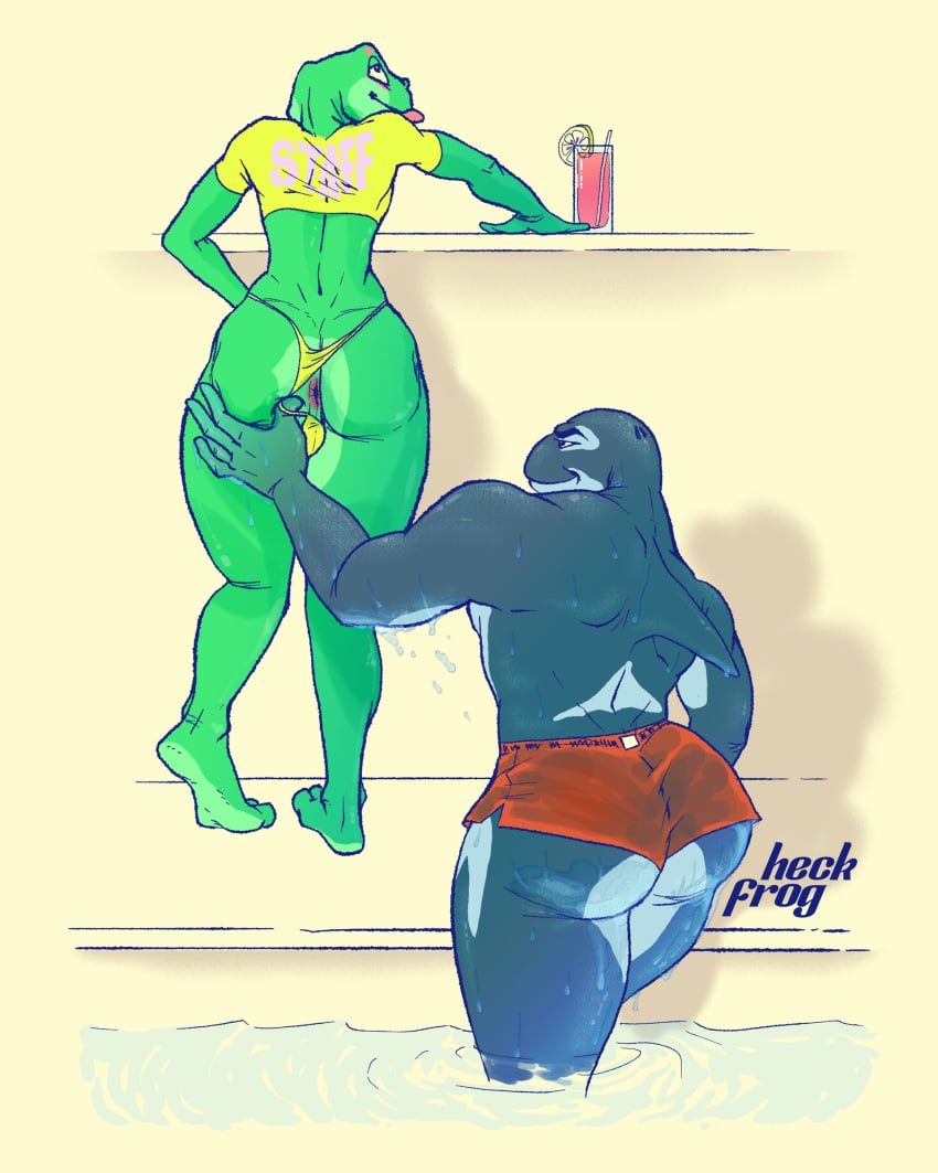 absurd_res amphibian anthro anus ass beverage big_butt cetacean clothing dolphin duo fan_character frog girly glass_frog heckfrog hi_res male male/male mammal marine oceanic_dolphin orca poolside sticky_(heckfrog) thong toothed_whale underwear