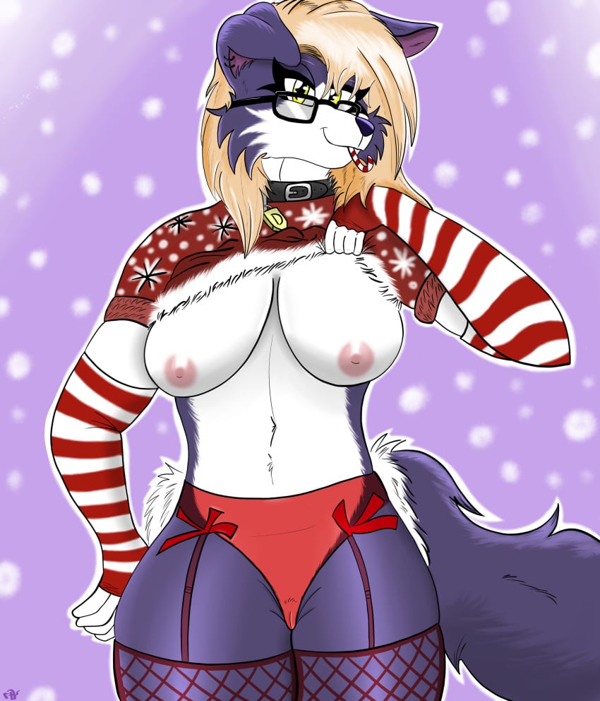 absurd_res anthro avelvision bedroom_eyes big_breasts blonde_hair border_collie breasts candy candy_cane canid canine canis christmas christmas_clothing christmas_headwear clothing collar collie curvy_figure dessert diane_(drako1997) domestic_dog eyewear female food fur garter_belt garter_straps genitals glasses gloves hair handwear headgear headwear herding_dog hi_res holidays lingerie looking_at_viewer mammal narrowed_eyes navel nipples pastoral_dog presenting purple_body purple_fur pussy rule_63 seductive sheepdog smile smiling_at_viewer solo standing sweater thick_thighs topwear yellow_eyes