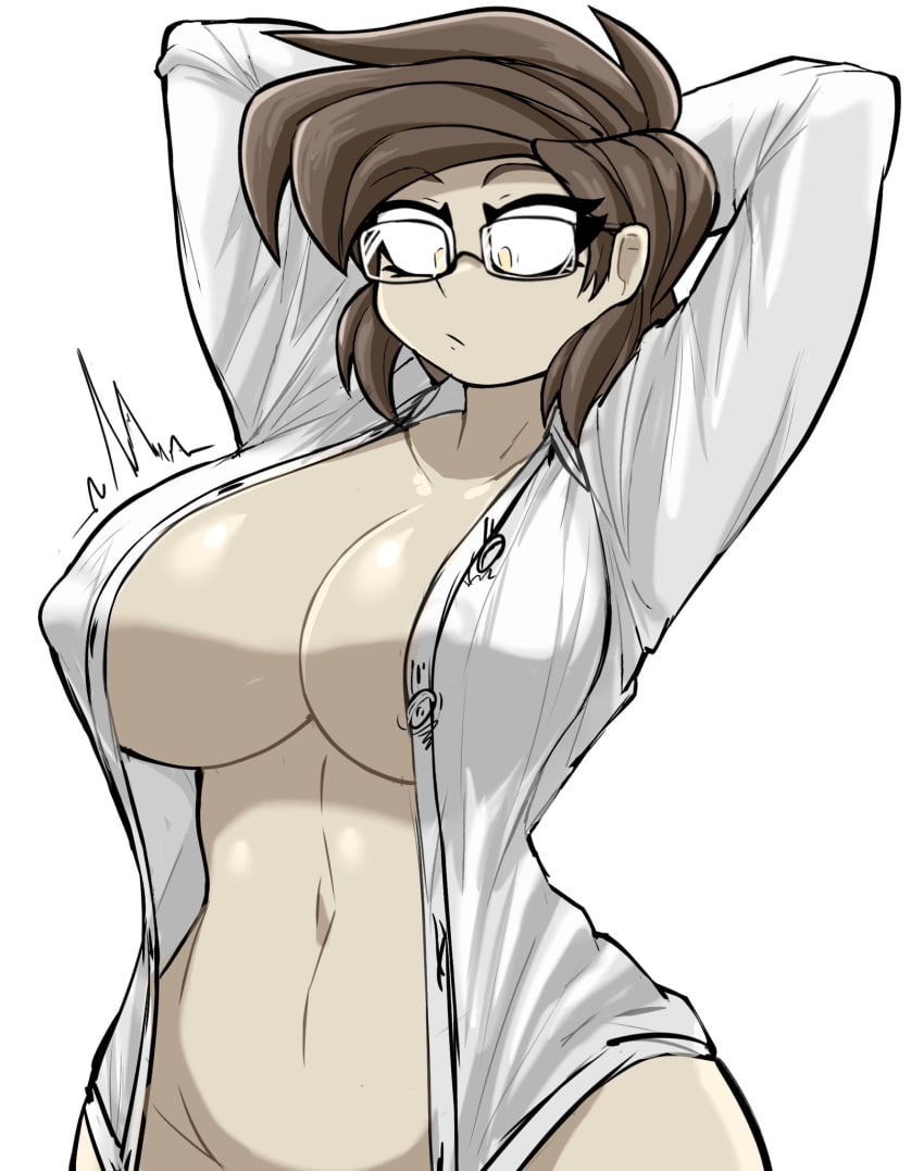 1girls armpits big_breasts brown_hair bursting_breasts female female_only fit_female glasses hands_behind_head hourglass_figure human kyurby_(zzzhodazzz) nipple_bulge no_bra no_panties sideboob surprised thin_waist vertical_navel wide_hips yellow_eyes zzzhodazzz