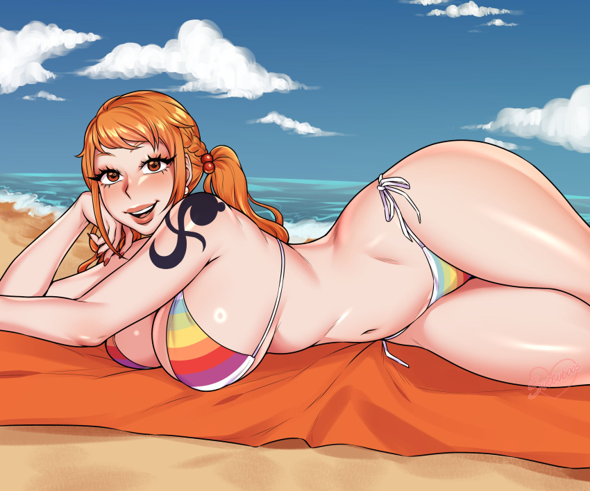 1girls beach beach_towel big_breasts bikini breasts female female_only leaning_on_elbow long_hair looking_at_viewer lying lying_on_stomach nami_(one_piece) on_side one_piece one_piece_film_z orange_eyes orange_hair ponytail post-timeskip rainbow_bikini seaside smile smiling_at_viewer solo succuboos tattoo tattoo_on_shoulder very_high_resolution wide_hips