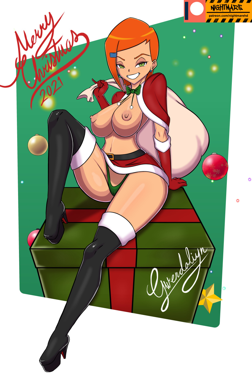 1girls bag ben_10 boots breasts christmas cosplay female female_only gift_box green_eyes gwen_tennyson high_heel_boots high_heels human nightmare_hdraw nipples orange_hair santa_hat santa_suit solo thigh_boots toony