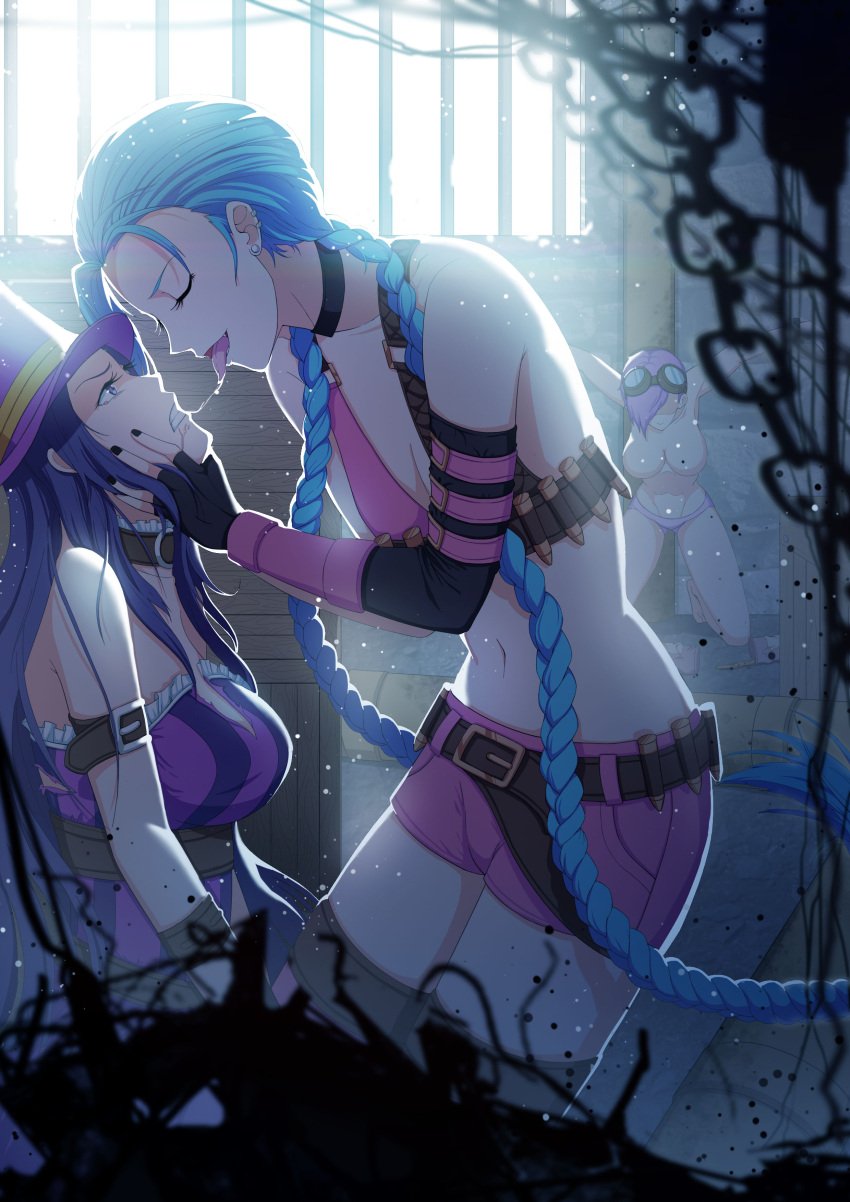 3girls abaibaibaibai basement black_hair blue_hair bondage caitlyn_kiramman captured drool female_only forced_yuri hand_on_chin jinx_(league_of_legends) kissing league_of_legends multiple_girls pink_hair restrained smiling tongue tongue_out vi yuri