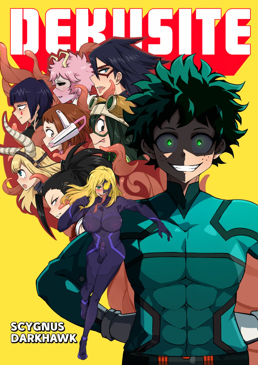 1boy 1futa 6+girls artist_request commissioner_upload cover_art fanfiction female futanari hero_outfit_(mha) izuku_midoriya kyoka_jiro light-skinned_female light-skinned_futanari light-skinned_male male male_focus melissa_shield midnight_(my_hero_academia) mina_ashido momo_yaoyorozu my_hero_academia nemuri_kayama ochako_uraraka rogunsou standing symbiote tentacle tsunotori_pony tsuyu_asui