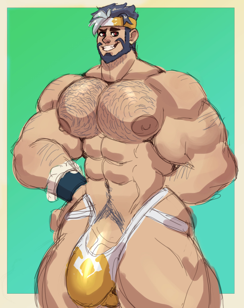 1boy balls bara bara_tits beard big_areola big_balls big_bulge big_nipples big_pecs big_penis bulge chest_hair dragalia_lost facial_hair gold_underwear hairband hairy_chest hands_on_waist happy_trail headband jockstrap jockstrap_only looking_at_viewer male male_only muscles muscular penis penis_peek pteroscreams pubic_hair red_eyes shirtless smiling solo solo_male sweatband underwear white_underwear zhu_bajie_(dragalia_lost)