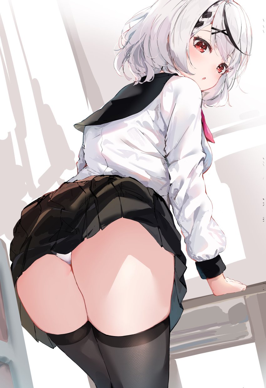 1girls ass ayama_nano black_legwear female highres hololive hololive_japan holox legwear looking_at_viewer looking_back panties red_eyes sakamata_chloe school_uniform seifuku short_hair skirt skirt_lift thighhighs thighs underwear virtual_youtuber white_hair white_panties