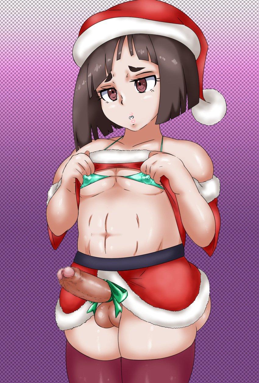 1boy balls censored censored_penis christmas crossdressing erect_penis erection femboy feminine_male foreskin girly male male_only mosaic_censoring nipples oc original_character penis santa_hat short_hair solo solo_femboy solo_male stockings testicles trap uncedar