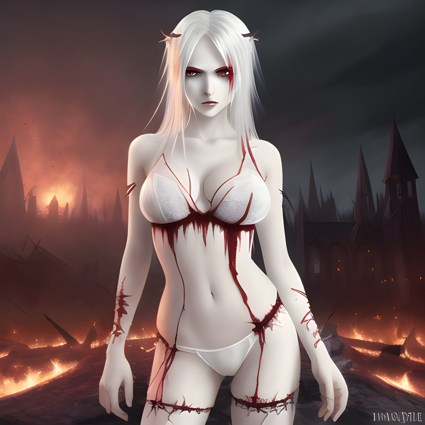 1girls ai_generated blood blush breasts ear eyes female_only flames hair messy navel panties pointy red ruins see-through see-through_panties skin small_breasts solo solo_female stable_diffusion underwear upscaled vampire waifu2x white