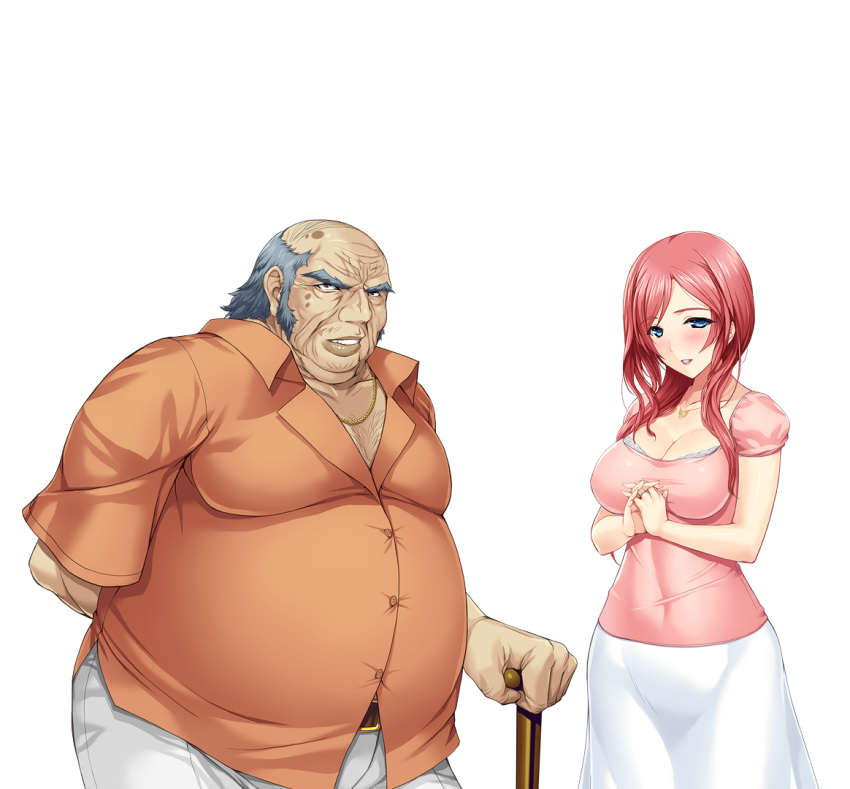 1boy 2d 2d_(artwork) alice_soft arima_shiori belt_buckle big_breasts blue_eyes cane cg couple duo fat_man father-in-law_and_daughter-in-law female hand_behind_back hands_together heartful_maman highres kinosaki_juuzo looking_at_viewer milf mother necklace old_man onigirikun orange_shirt photoshop pink_blouse red_hair smile standing tagme thick_thighs tight_clothing transparent_background white_bra white_skirt