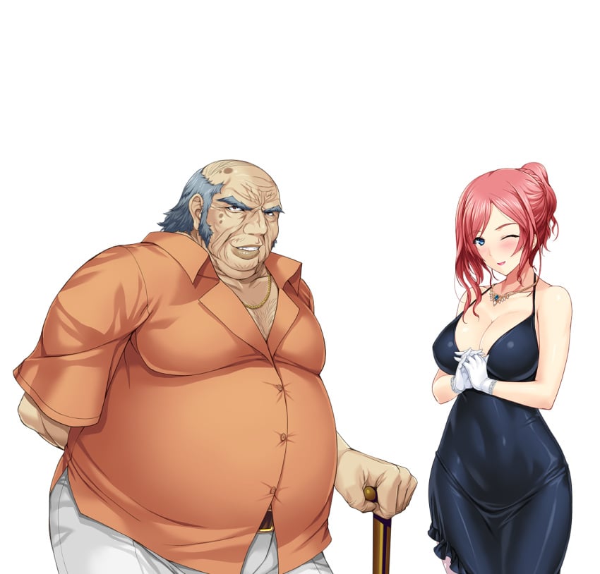 1boy 1girls 2d 2d_(artwork) alice_soft arima_shiori belt_buckle big_breasts black_dress blue_eyes cane cg couple duo fat_man father-in-law_and_daughter-in-law hands_together heartful_maman highres jewelry_chains kinosaki_juuzo lips lipstick looking_at_viewer milf mother necklace old_man onigirikun orange_shirt photoshop red_hair smile standing tagme thick_thighs tight_clothing transparent_background ugly_bastard white_background white_gloves white_pants wink