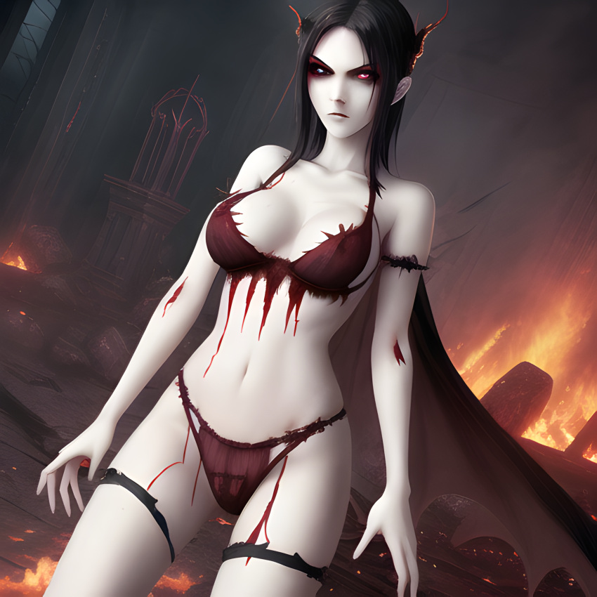 1girls ai_generated blood blush breasts ears eyes female flames hair messy navel panties pointy red ruins see-through see-through_panties skin small_breasts solo stable_diffusion underwear upscaled vampire waifu2x white