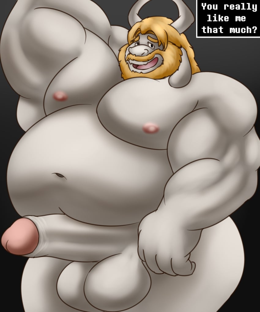 absurd_res anthro asgore_dreemurr balls beard belly big_balls big_muscles big_penis blonde_hair boss_monster bovid camp14 caprine chubby_anthro chubby_male dialogue facial_hair genitals goat hair hi_res horn male male_only mammal musclegut muscular muscular_anthro muscular_male nipples nude pecs penis solo undertale undertale_(series) white_body