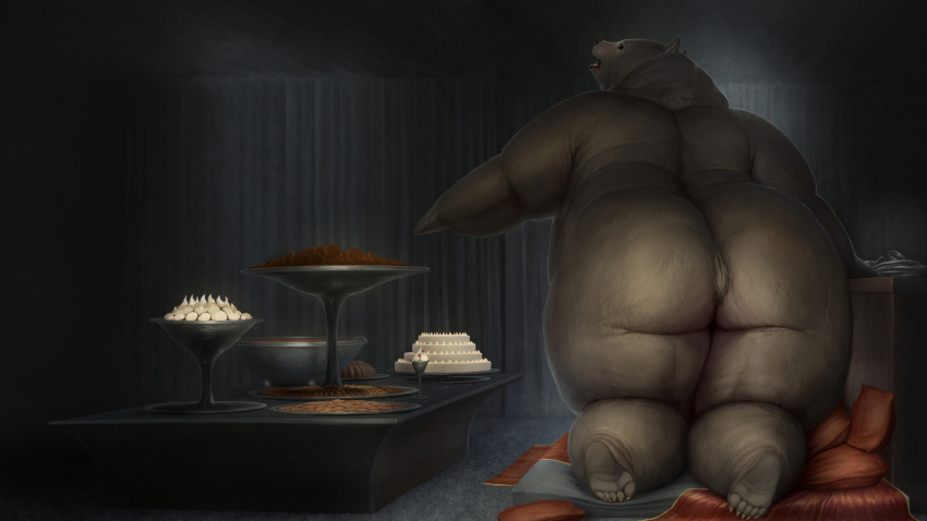 anthro ass bear big_butt brown_body brown_fur cake chubby_anthro chubby_cheeks chubby_female dessert eating eating_food female food fur hi_res hungry kneeling looking_at_viewer looking_back looking_back_at_viewer mammal meanybeany nude on_ground overweight overweight_female pawpads presenting presenting_hindquarters size_difference solo thick_thighs wide_hips