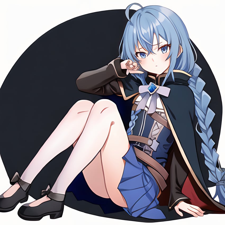 1girls ahoge ai_generated bangs black_bow blue_eyes blue_hair bow braid brown_cape cape crossed_bangs female female_only full_body hairbow hand_on_knees knees_to_chest long_braid long_hair long_sleeves looking_at_viewer mushoku_tensei roxy_migurdia shoes simple_background sitting skirt solo solo_female stable_diffusion twin_braids upscaled waifu2x white_background