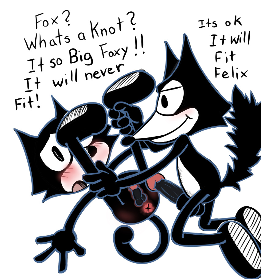 absurd_res anthro anus ass big_penis blush blush_lines blushbutt canid canine dialogue domestic_cat dreamworks duo embarrassed erection felid feline felis felix_the_cat felix_the_cat_(series) fox genitals gesture hi_res holding_both_legs holding_legs_up male male/male mammal negafelix penis presenting presenting_anus small_penis smile spread_butt spread_legs spreading suggestive suggestive_gesture suggestive_look suggestive_pose suggestive_posing